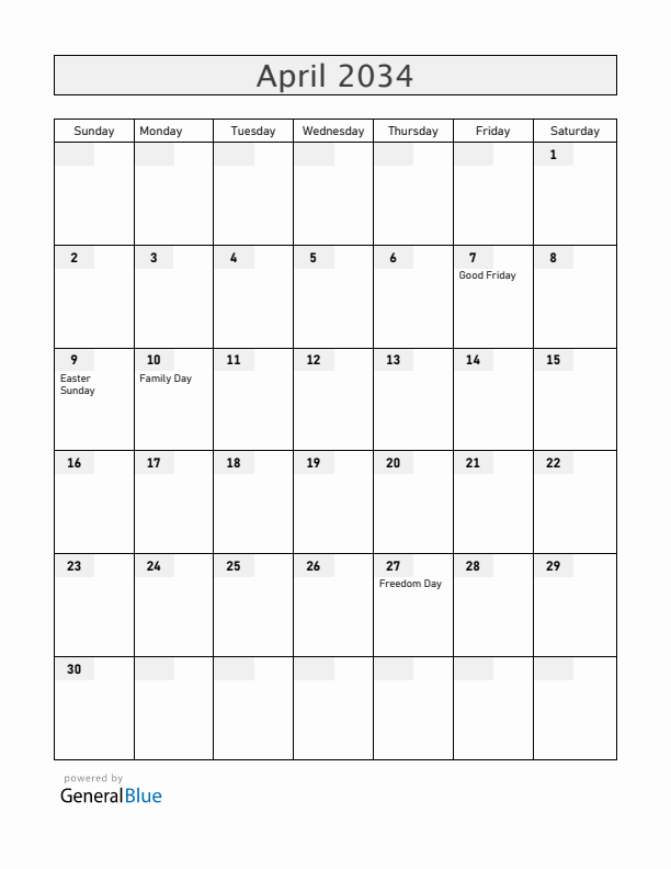 South Africa April 2034 Calendar with Holidays