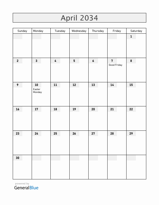 Zambia April 2034 Calendar with Holidays