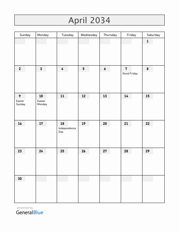 Zimbabwe April 2034 Calendar with Holidays
