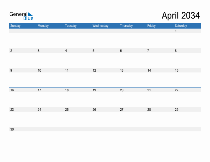 Fillable Calendar for April 2034