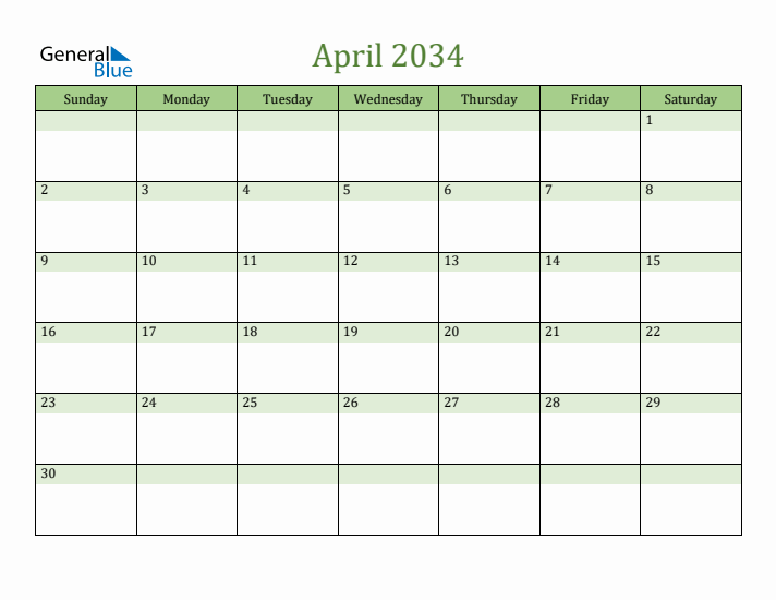 April 2034 Calendar with Sunday Start