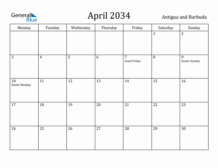 April 2034 Calendar Antigua and Barbuda