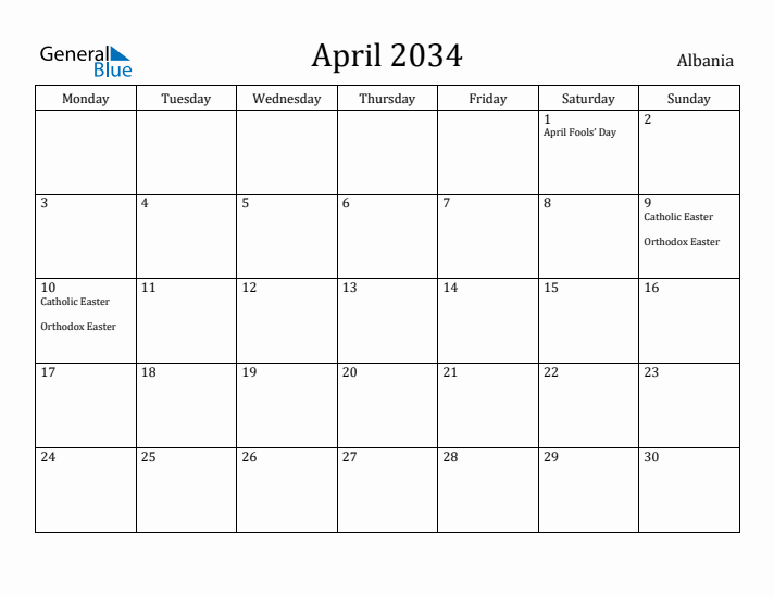 April 2034 Calendar Albania
