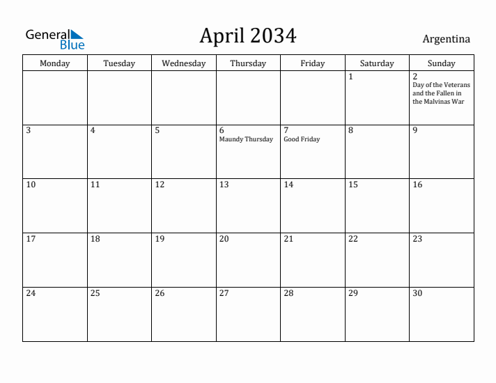 April 2034 Calendar Argentina
