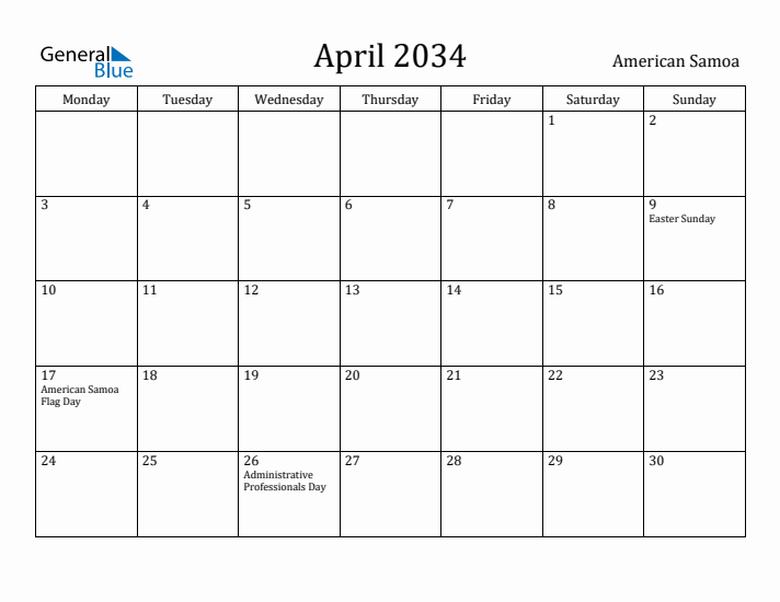 April 2034 Calendar American Samoa