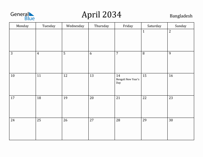April 2034 Calendar Bangladesh