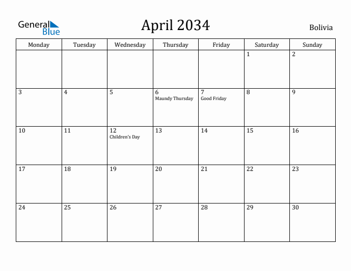 April 2034 Calendar Bolivia