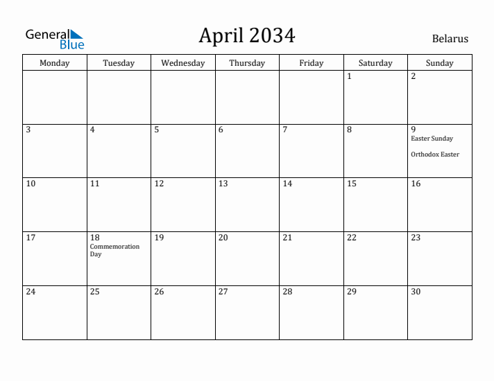 April 2034 Calendar Belarus