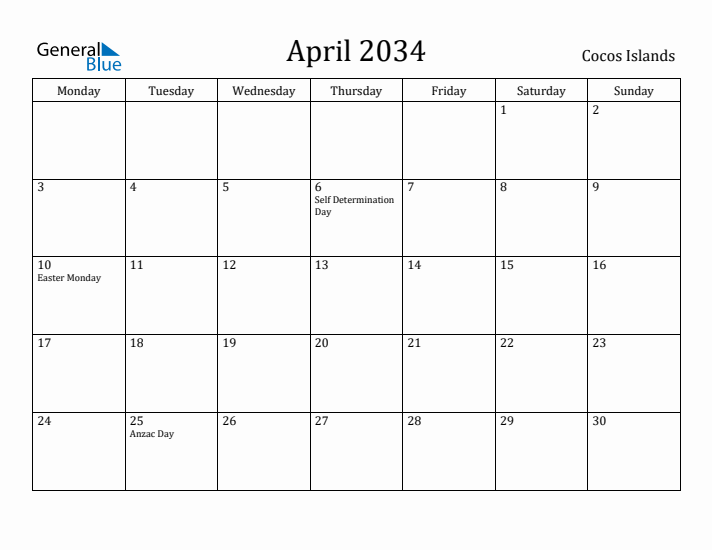 April 2034 Calendar Cocos Islands