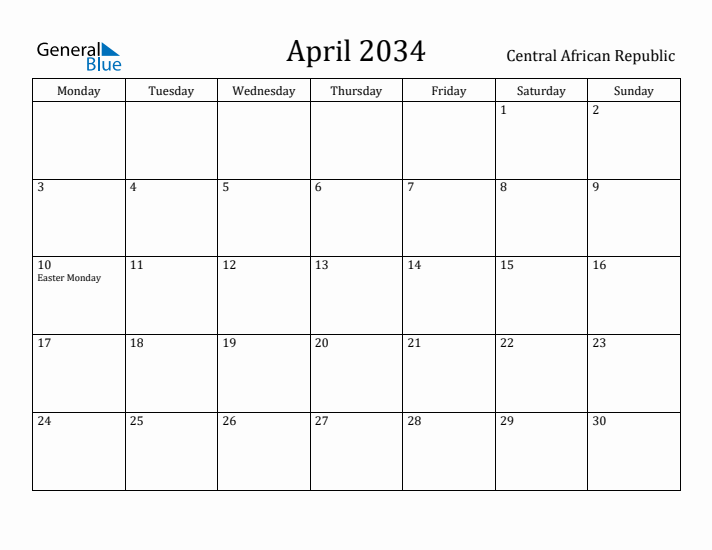 April 2034 Calendar Central African Republic