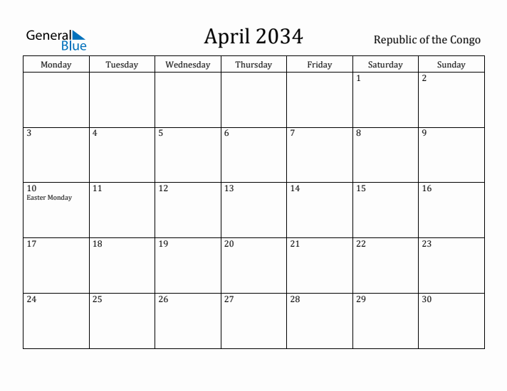 April 2034 Calendar Republic of the Congo
