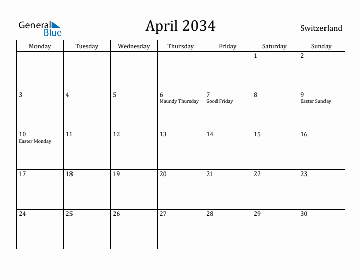 April 2034 Calendar Switzerland