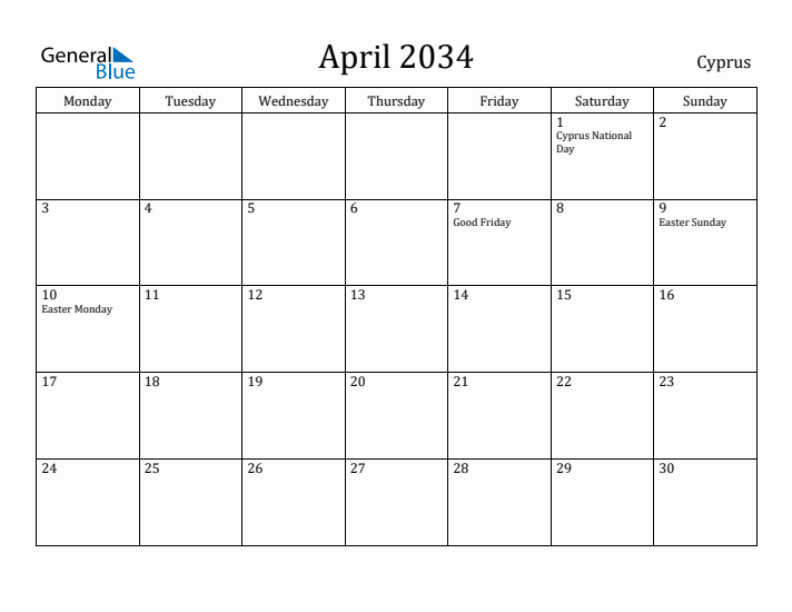 April 2034 Calendar Cyprus