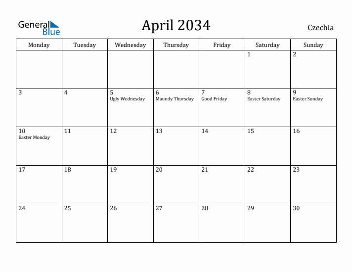 April 2034 Calendar Czechia