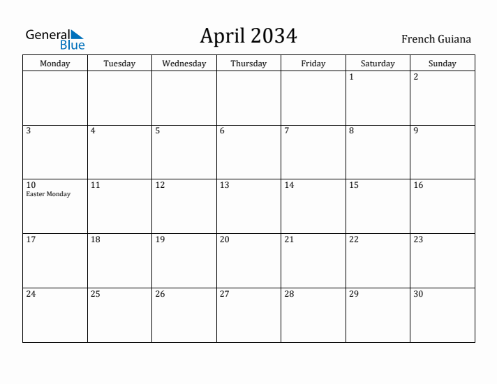 April 2034 Calendar French Guiana