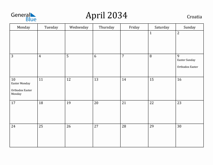 April 2034 Calendar Croatia