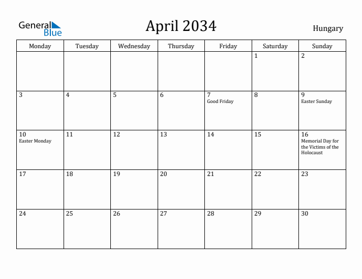 April 2034 Calendar Hungary