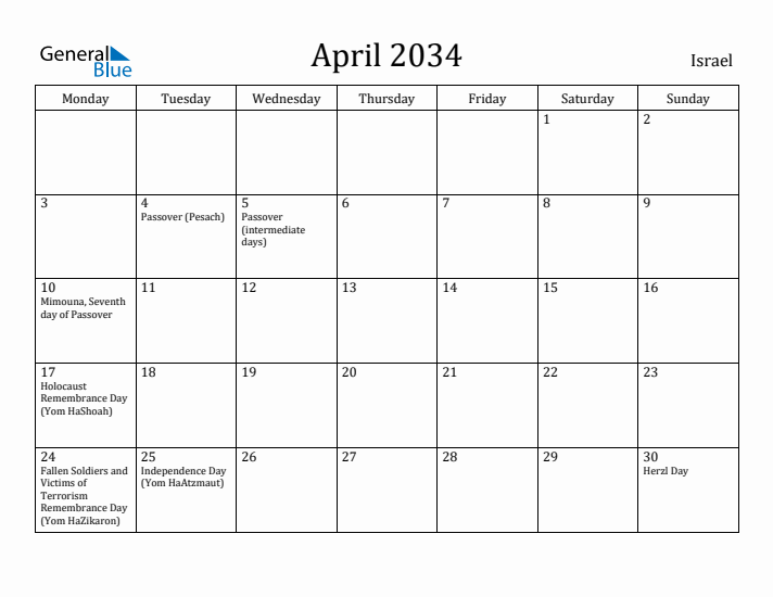 April 2034 Calendar Israel