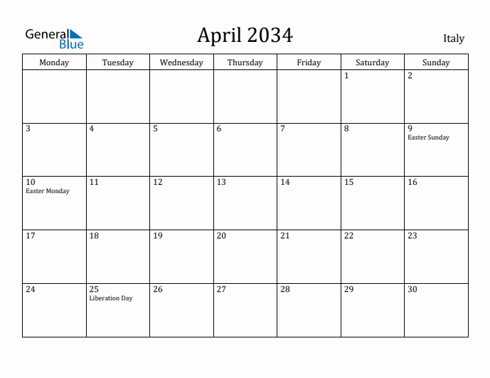 April 2034 Calendar Italy