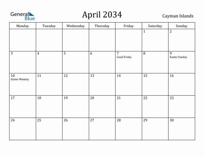 April 2034 Calendar Cayman Islands