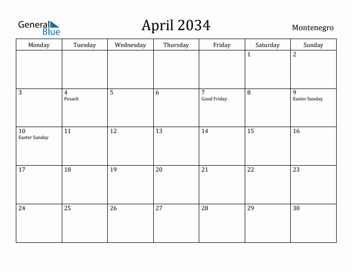 April 2034 Calendar Montenegro