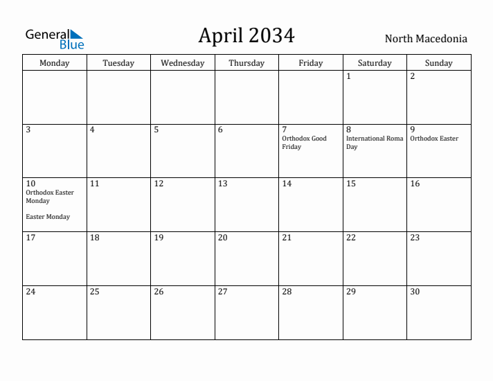 April 2034 Calendar North Macedonia