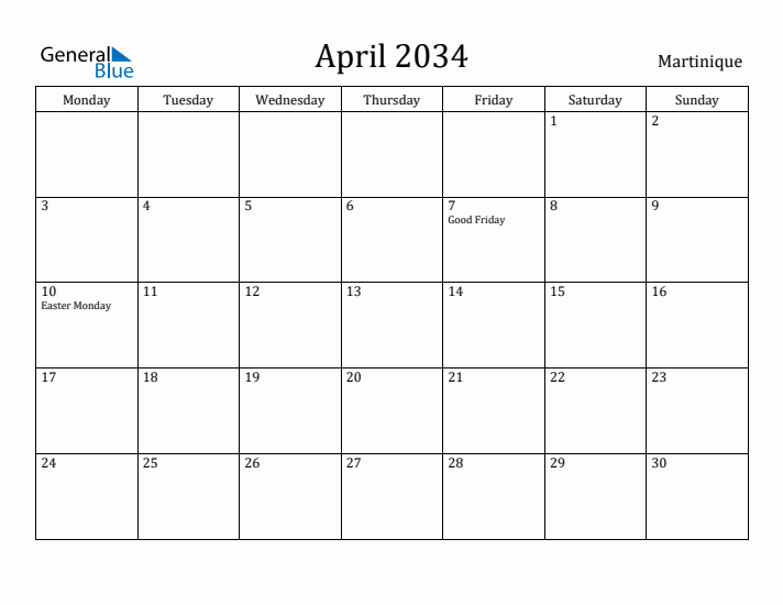April 2034 Calendar Martinique