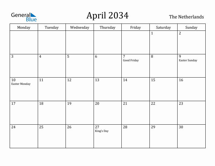 April 2034 Calendar The Netherlands