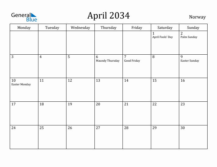 April 2034 Calendar Norway