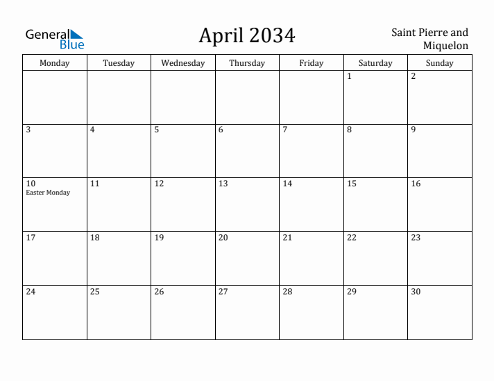April 2034 Calendar Saint Pierre and Miquelon