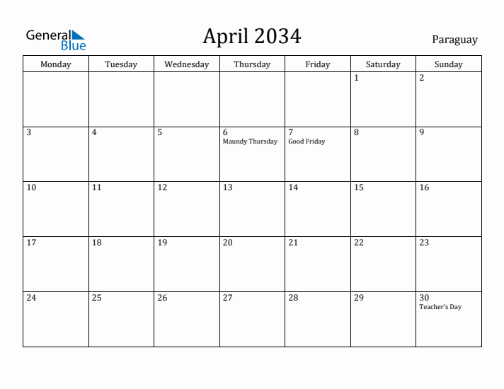 April 2034 Calendar Paraguay