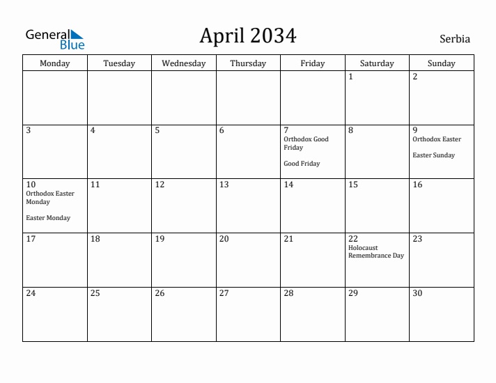 April 2034 Calendar Serbia