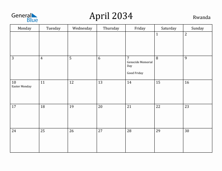 April 2034 Calendar Rwanda