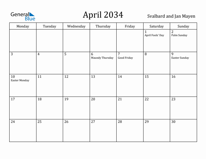 April 2034 Calendar Svalbard and Jan Mayen