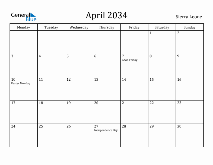 April 2034 Calendar Sierra Leone