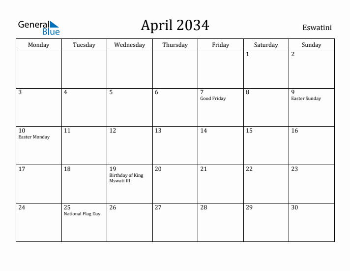 April 2034 Calendar Eswatini