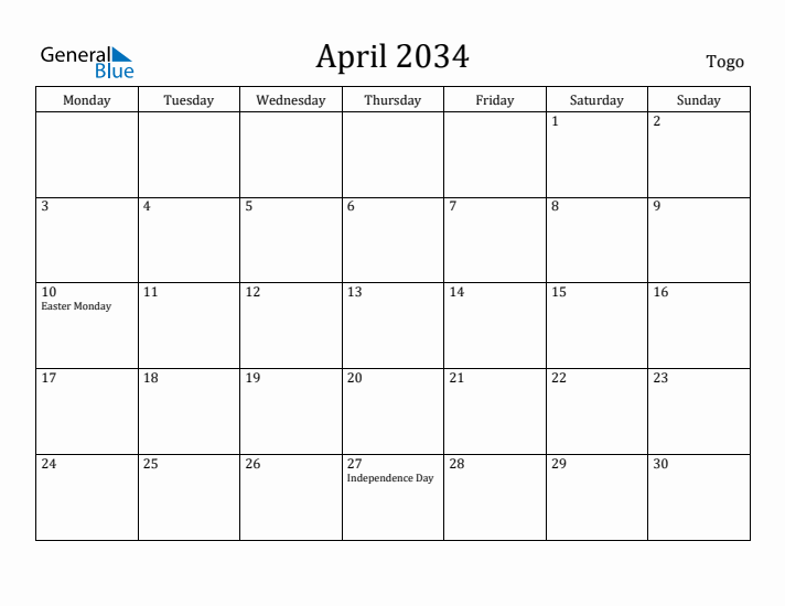 April 2034 Calendar Togo