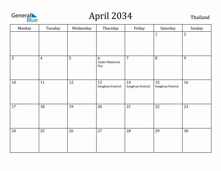 April 2034 Calendar Thailand