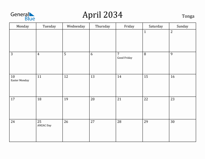 April 2034 Calendar Tonga