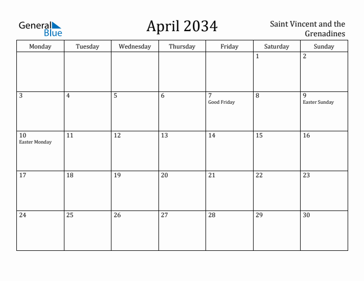 April 2034 Calendar Saint Vincent and the Grenadines