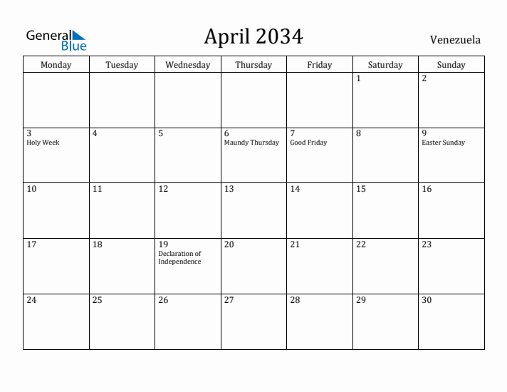 April 2034 Calendar Venezuela