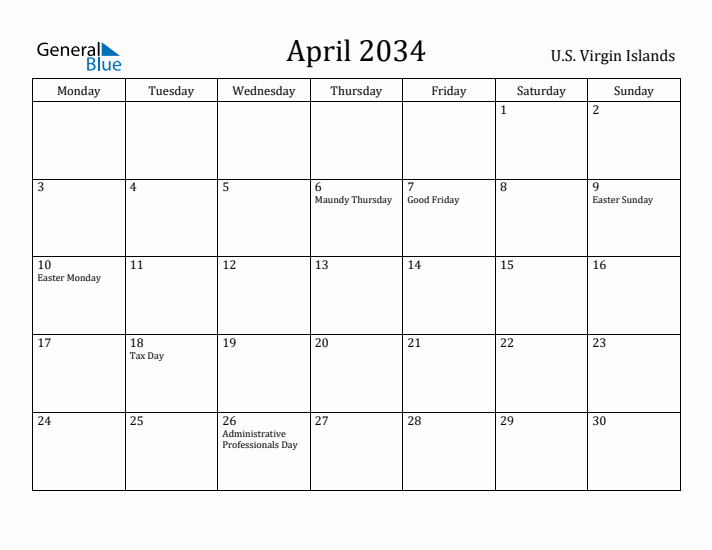 April 2034 Calendar U.S. Virgin Islands