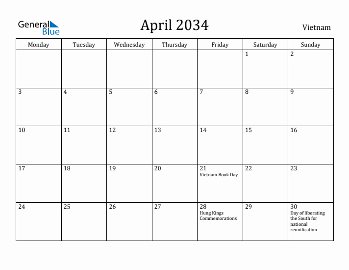 April 2034 Calendar Vietnam
