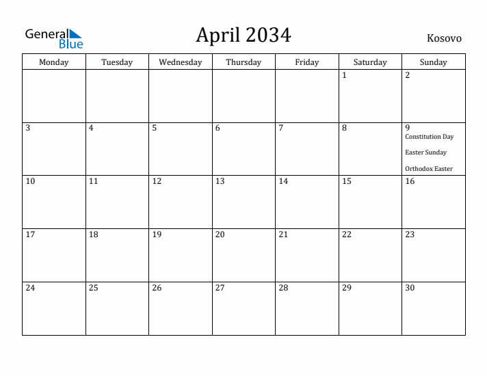 April 2034 Calendar Kosovo