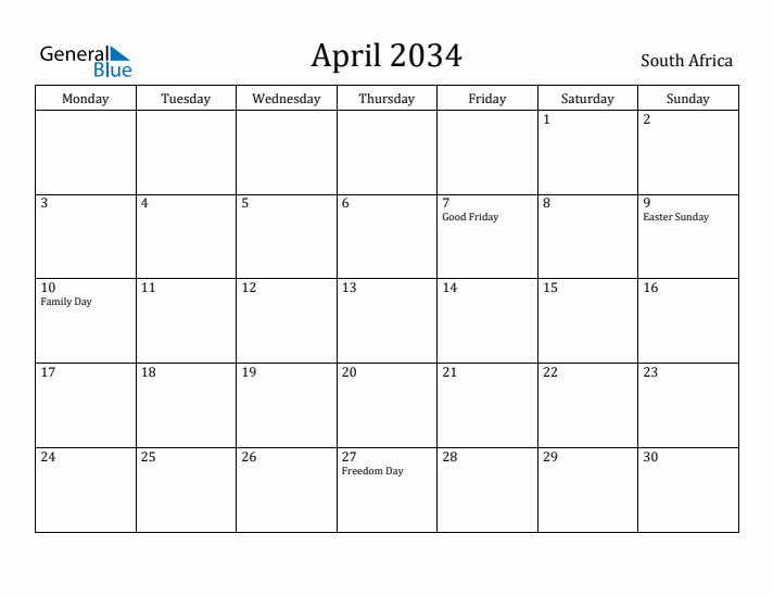 April 2034 Calendar South Africa