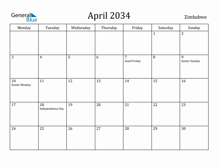 April 2034 Calendar Zimbabwe