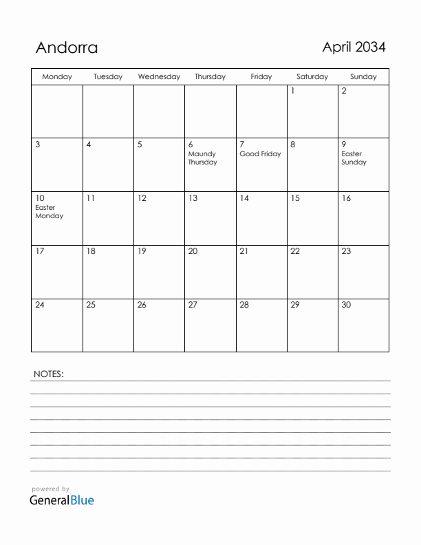 April 2034 Andorra Calendar with Holidays (Monday Start)