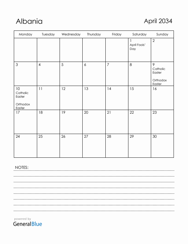 April 2034 Albania Calendar with Holidays (Monday Start)