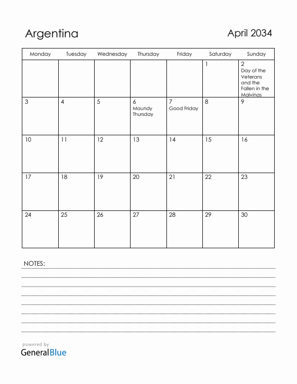 April 2034 Argentina Calendar with Holidays (Monday Start)