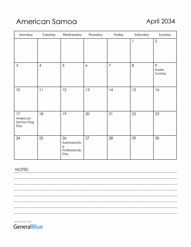 April 2034 American Samoa Calendar with Holidays (Monday Start)